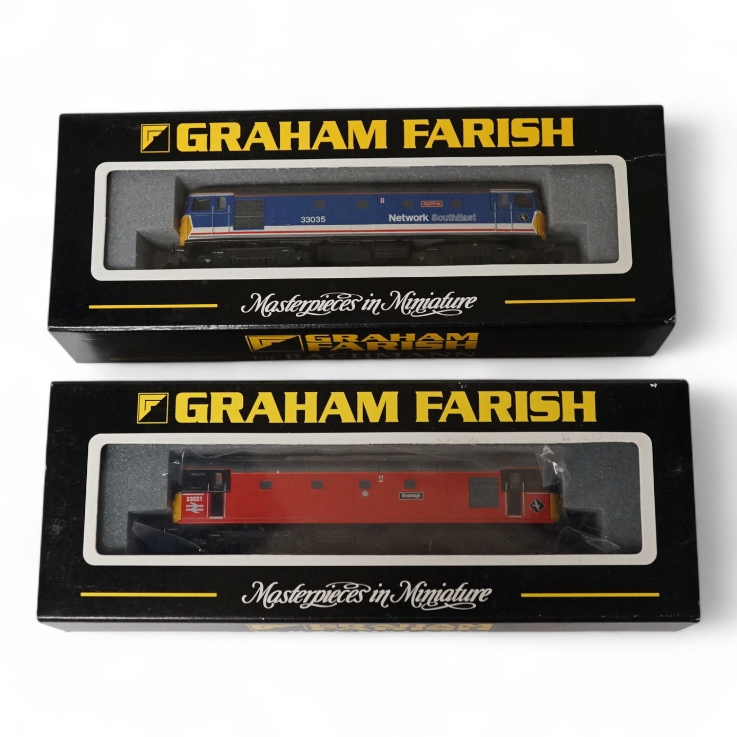 Two boxed Graham Farish N gauge railway Class 33 diesel locomotives; 33035 Spitfire (371-127), and 33021 Eastleigh (371-126). Condition - good.